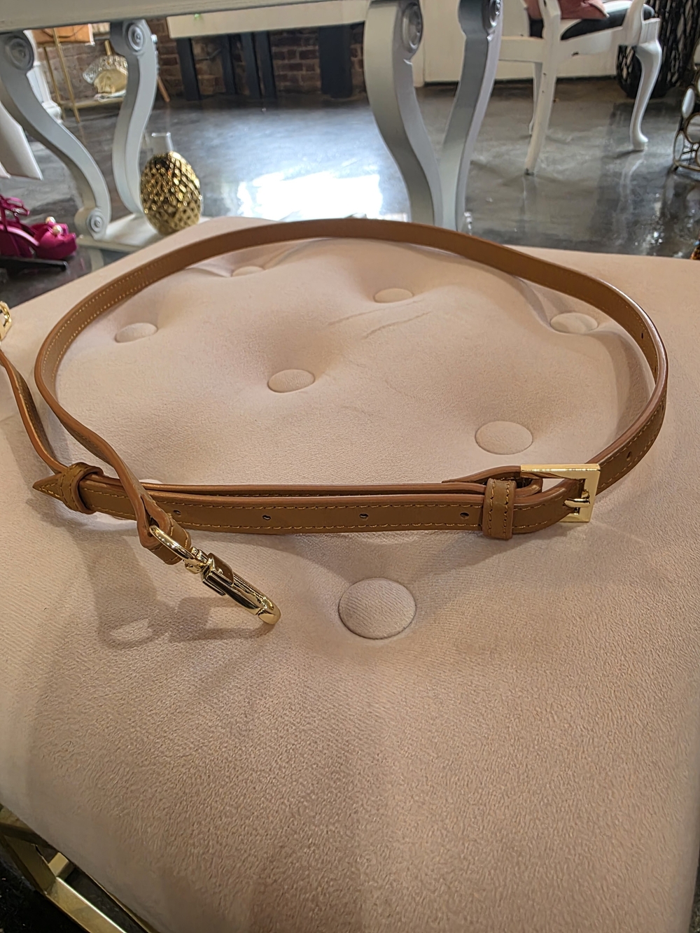 Slim Tan Leather Crossbody Strap with Gold Hardware - Women - Picture 5 of 5